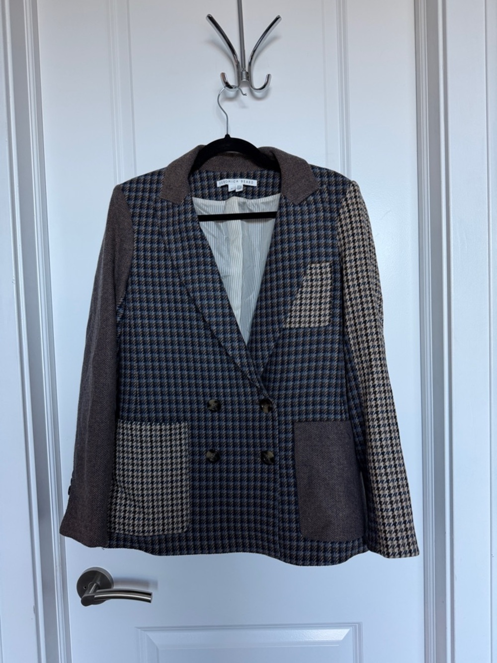 Veronica Beard Dickey Brown Multi-Pattern Houndstooth Double-Breasted Blazer